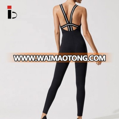 Custom logo waistband V neck low cut sexy women yoga gym jumpsuit