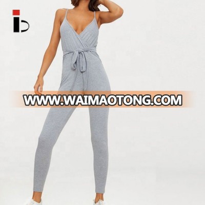 New design wrap tie low cut sexy women yoga gym jumpsuit