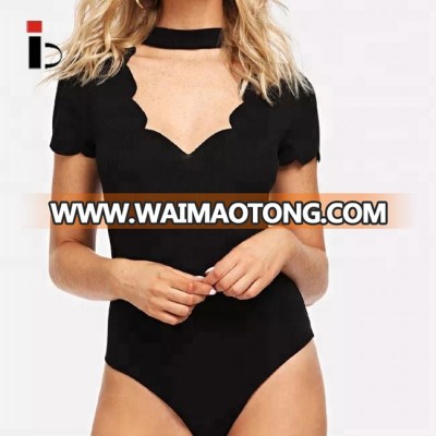 Choker neck scallop sexy custom sports sexy women bodysuit