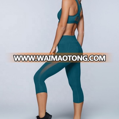 Custom nylon spandex sports mesh 3/4 leggings with zip back pocket